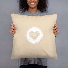 "NAUTI" heart pillow in champagne with white logo