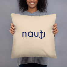 "NAUTI" pillow in champagne with navy logo