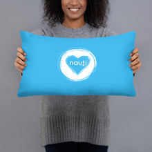 "NAUTI" heart pillow in deep sky blue with white logo