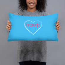 "NAUTI" heart pillow in deep sky blue with white heart and magenta logo