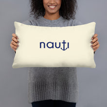 "NAUTI" pillow in apricot white with navy logo