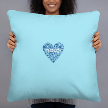 "NAUTI" fish heart pillow in blizzard blue with navy fish heart and white logo