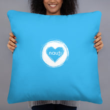 "NAUTI" heart pillow in deep sky blue with white logo