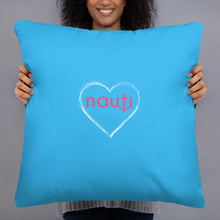 "NAUTI" heart pillow in deep sky blue with white heart and magenta logo