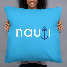 "NAUTI" pillow in deep sky blue with white logo and blue anchor