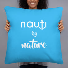 "NAUTI BY NATURE" pillow in deep sky blue with white logo