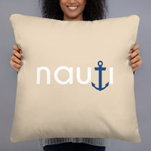 "NAUTI" pillow in champagne with navy logo