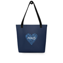 Unisex "NAUTI Fish Heart" Tote Bag in Navy with White Logo and Royal Blue Fish Heart