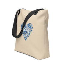 Unisex "NAUTI Fish Heart" Tote Bag in Champagne with White Logo and Royal Blue Fish Heart