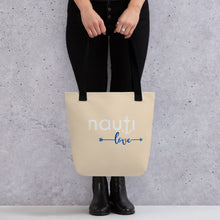 Unisex "NAUTI Love" Anchor Tote Bag in Champagne with White and Royal Blue Logo