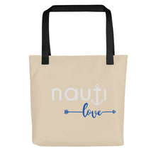 Unisex "NAUTI Love" Anchor Tote Bag in Champagne with White and Royal Blue Logo