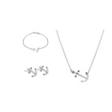 Set of Ladies Anchor Necklace, Bracelet, Stud Earrings from Nau-T-Girl in Silver with Imitation Blue Stone