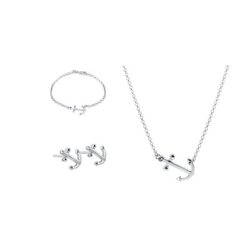 Set of Ladies Anchor Necklace, Bracelet, Stud Earrings from Nau-T-Girl in Silver with Imitation Blue Stone