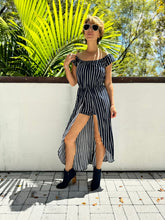 Ladies Off The Shoulder Maxi Romper Wrap Dress with Black and White Stripes in Size Small