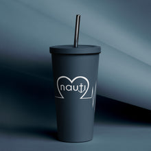 20 oz. Insulated tumbler with a straw in navy with white NAUTI anchor heartbeat logo