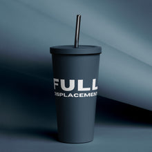 20 oz. Insulated tumbler with a straw in navy with white FULL DISPLACEMENT logo