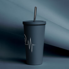 20 oz. Insulated tumbler with a straw in navy with white NAUTI anchor heartbeat logo