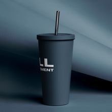 20 oz. Insulated tumbler with a straw in navy with white FULL DISPLACEMENT logo