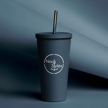 20 oz. Insulated tumbler with a straw in navy with white NautiStyles and NautiGuys anchor logo