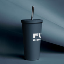 20 oz. Insulated tumbler with a straw in navy with white FULL DISPLACEMENT logo