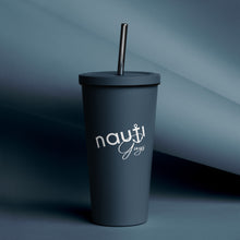 20 oz. Insulated tumbler with a straw in navy with white NautiStyles and NautiGuys anchor logo