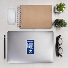 "SWINGING A MUCH BIGGER PROP" Bubble-free stickers in navy with white logo