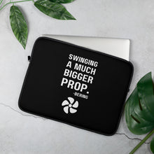 "SWINGING A MUCH BIGGER PROP" Laptop Sleeve in black with white logo
