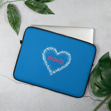 "NAUTI" heart Laptop Sleeve in navy with white heart and magenta logo
