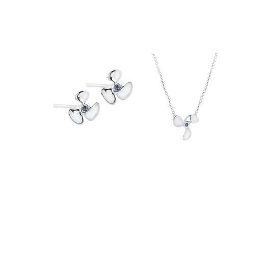 Set of Ladies Propeller Necklace and Stud Earring from Nau-T-Girl in Silver with Blue Imitation Stone