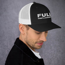 Mens "Full Displacement" Trucker Cap in Black, Black/White, Navy, Navy/White with White Embroidery