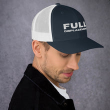 Mens "Full Displacement" Trucker Cap in Black, Black/White, Navy, Navy/White with White Embroidery