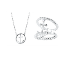 Set of Ladies Anchor Necklace, Double Rope Ring from Nau-T-Girl in Silver with Imitation Blue Stone