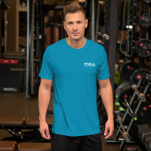 Men's "FULL DISPLACEMENT" in the front and "SWINGING A MUCH BIGGER PROP" in the back T-Shirt in Black, Navy, True Blue, Aqua and Steel Blue with White Logo's