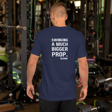 Men's "FULL DISPLACEMENT" in the front and "SWINGING A MUCH BIGGER PROP" in the back T-Shirt in Black, Navy, True Blue, Aqua and Steel Blue with White Logo's