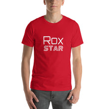Mens "Rox Star" T-shirt in Black Heather, Navy, Red, True Royal, Ocean Blue with White Logo