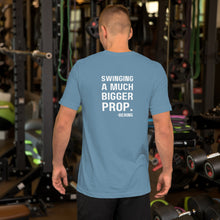 Men's "FULL DISPLACEMENT" in the front and "SWINGING A MUCH BIGGER PROP" in the back T-Shirt in Black, Navy, True Blue, Aqua and Steel Blue with White Logo's