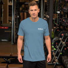 Men's "FULL DISPLACEMENT" in the front and "SWINGING A MUCH BIGGER PROP" in the back T-Shirt in Black, Navy, True Blue, Aqua and Steel Blue with White Logo's