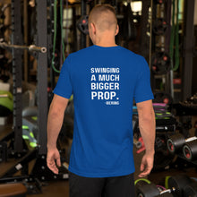 Men's "FULL DISPLACEMENT" in the front and "SWINGING A MUCH BIGGER PROP" in the back T-Shirt in Black, Navy, True Blue, Aqua and Steel Blue with White Logo's