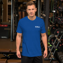 Men's "FULL DISPLACEMENT" in the front and "SWINGING A MUCH BIGGER PROP" in the back T-Shirt in Black, Navy, True Blue, Aqua and Steel Blue with White Logo's