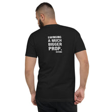Men's Short Sleeve V-Neck "FULL DISPLACEMENT" in the front and "SWINGING A MUCH BIGGER PROP" in the back T-Shirt in Black with White Logo's