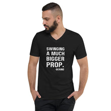 Mens "Swinging a much bigger prop" Short Sleeve V-Neck T-Shirt in Black with White Logo
