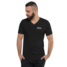 Men's Short Sleeve V-Neck "FULL DISPLACEMENT" in the front and "SWINGING A MUCH BIGGER PROP" in the back T-Shirt in Black with White Logo's