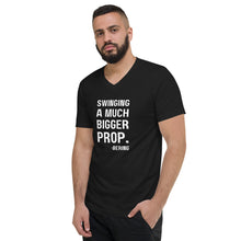 Mens "Swinging a much bigger prop" Short Sleeve V-Neck T-Shirt in Black with White Logo
