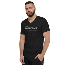 Mens "I like big beams" Short Sleeve V-Neck T-Shirt in Black with White Logo