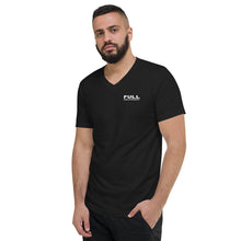 Men's Short Sleeve V-Neck "FULL DISPLACEMENT" in the front and "SWINGING A MUCH BIGGER PROP" in the back T-Shirt in Black with White Logo's