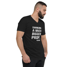 Mens "Swinging a much bigger prop" Short Sleeve V-Neck T-Shirt in Black