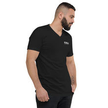 Men's Short Sleeve V-Neck "FULL DISPLACEMENT" in the front and "SWINGING A MUCH BIGGER PROP" in the back T-Shirt in Black with White Logo's