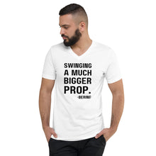 Mens "Swinging a much bigger prop" Short Sleeve V-Neck T-Shirt in White