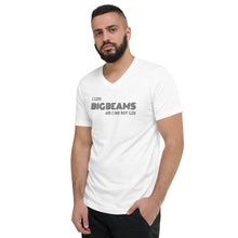Mens "I like big beams" Short Sleeve V-Neck T-Shirt in White