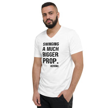 Mens "Swinging a much bigger prop" Short Sleeve V-Neck T-Shirt in White